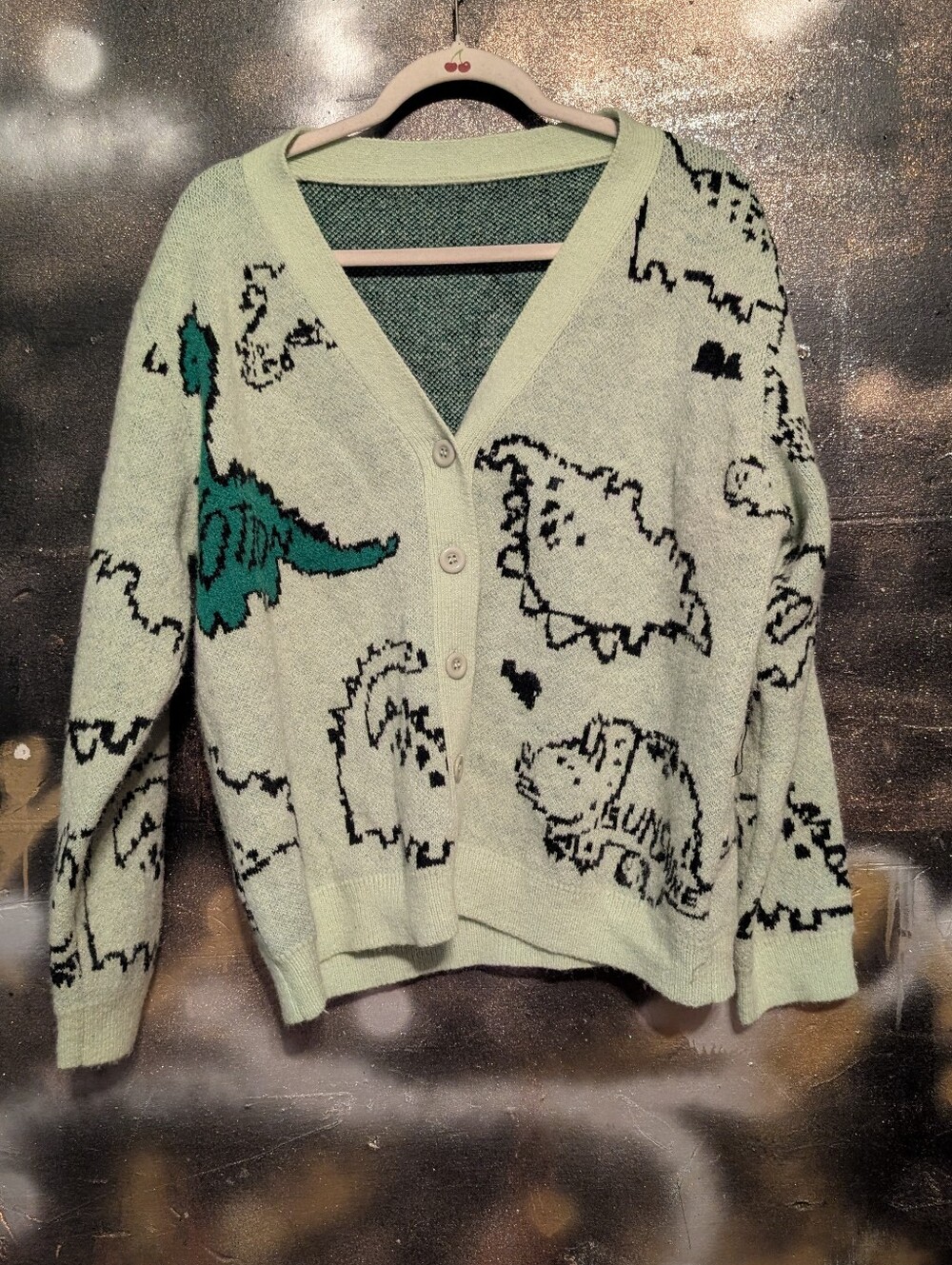 SHEIN Light Green V-Neck Dino Intarsia Cardigan